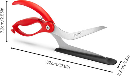 Scizza 2-In-1 Easy Ergonomic Pizza Scissors with Stainless Steel Pizza Cutter Blades & Non-Stick Slice Server - Red | Cuts and Serves Pizza with Non-Scratch, Heat Resistant Serving Base, Spring-Loaded German Stainless Steel Blades