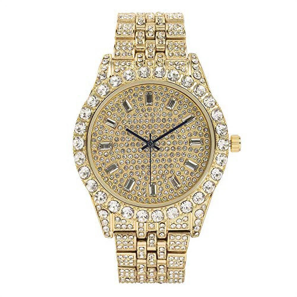 Blinged Out Cuban Necklace W/ Matching Bracelet and Fire Iced Out Timepiece - Boujee 3Pc Set - 2023 CNBW (ST10226 Gld/Gld)