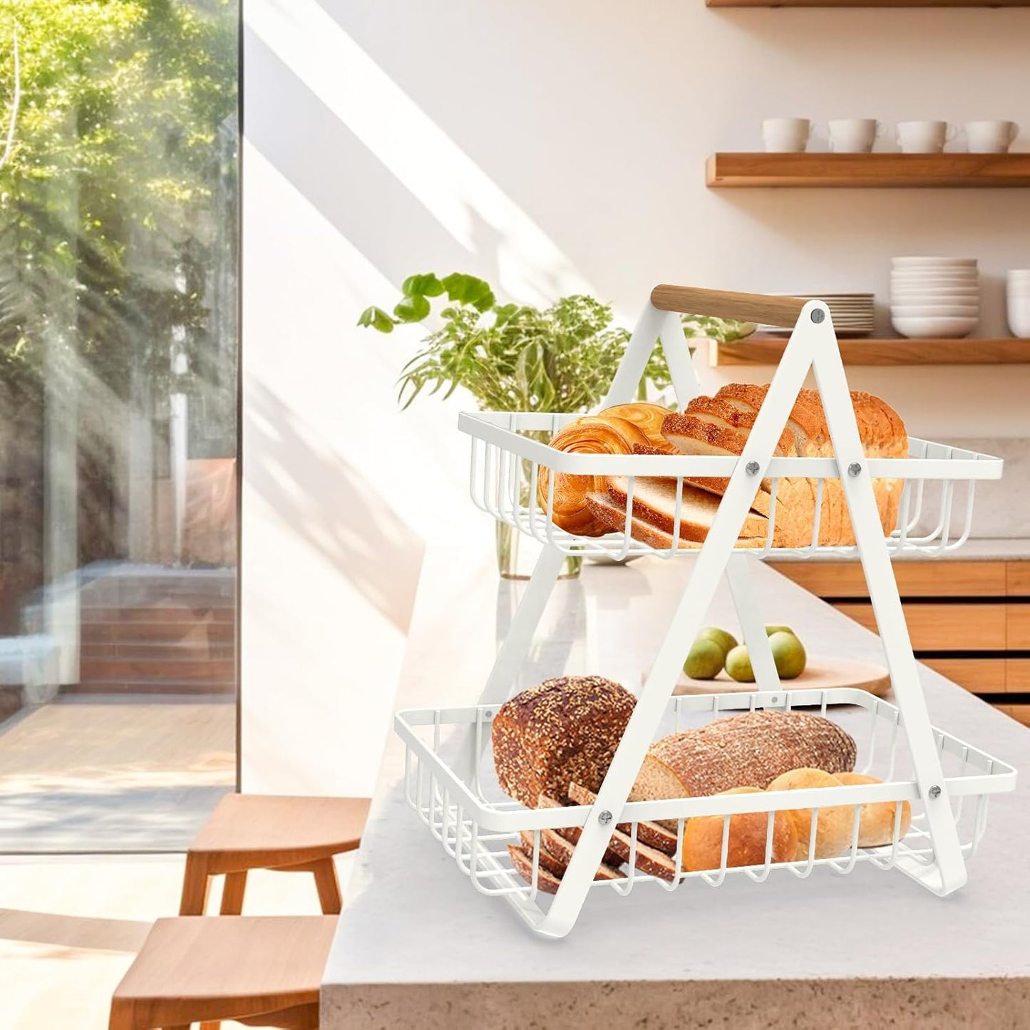 2-Tier Countertop Fruit Basket, Detachable Metal Rectangular Fruit Bowl with Portable Wooden Handle, Multi-Purpose Storage Organizer for Kitchen, Dining Room,Fruits,Vegetables, Bread & Snacks