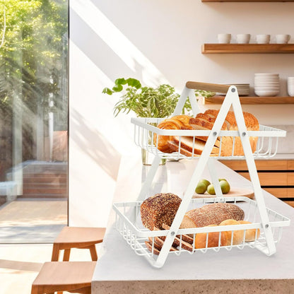 2-Tier Countertop Fruit Basket, Detachable Metal Rectangular Fruit Bowl with Portable Wooden Handle, Multi-Purpose Storage Organizer for Kitchen, Dining Room,Fruits,Vegetables, Bread & Snacks