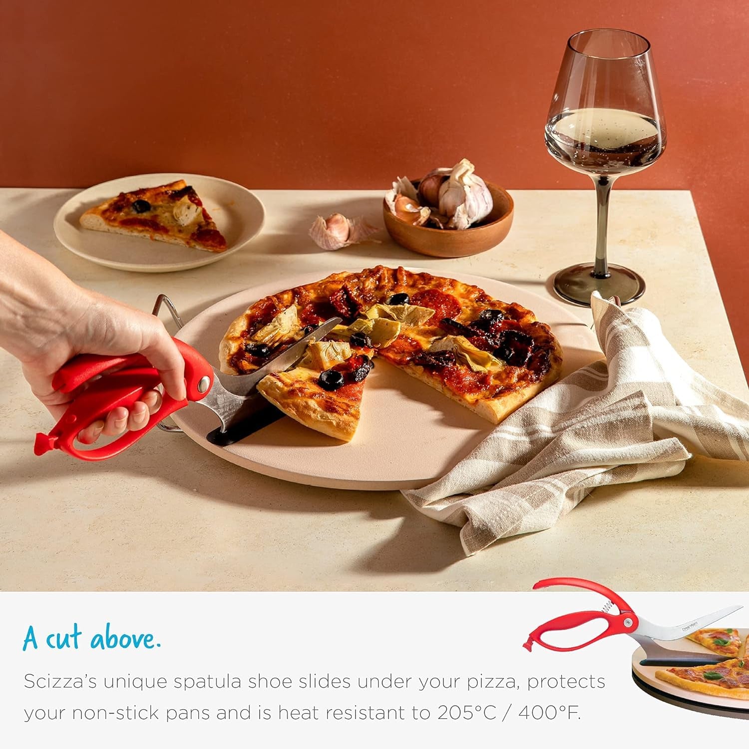 Scizza 2-In-1 Easy Ergonomic Pizza Scissors with Stainless Steel Pizza Cutter Blades & Non-Stick Slice Server - Red | Cuts and Serves Pizza with Non-Scratch, Heat Resistant Serving Base, Spring-Loaded German Stainless Steel Blades
