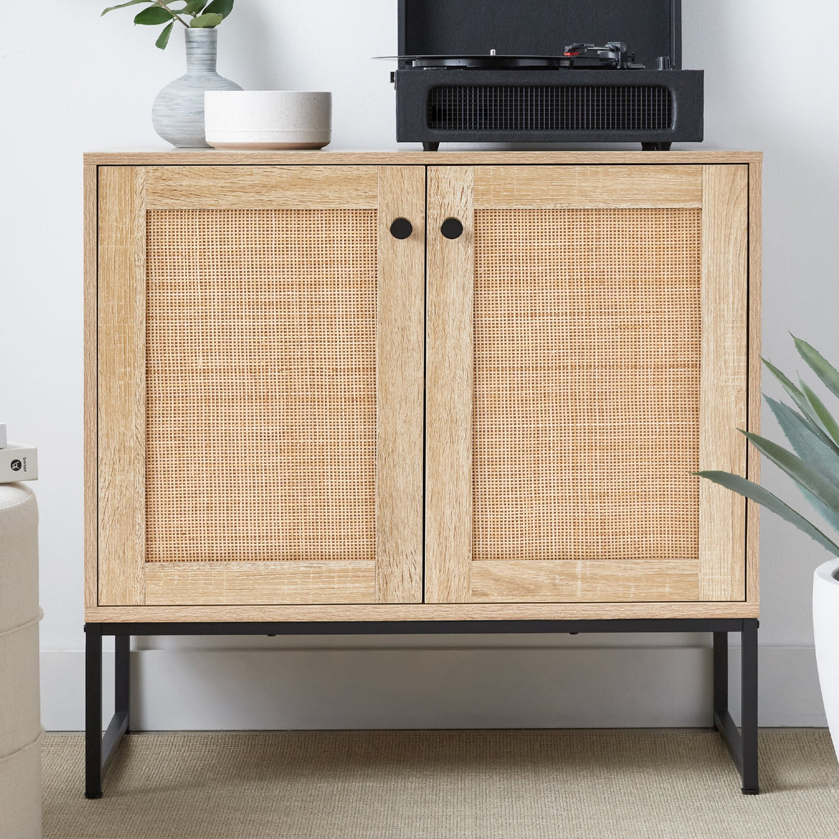 2-Door Rattan Storage Cabinet, Accent Furniture, Cupboard W/ Non-Scratch Foot Pads - Natural