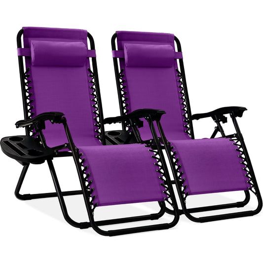 Set of 2 Zero Gravity Lounge Chair Recliners for Patio, Pool W/ Cup Holder Tray - Amethyst Purple