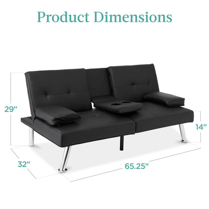 Modern Faux Leather Convertible Futon Sofa W/ Removable Armrests, 2 Cupholders - Black