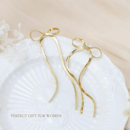 Bow Earrings for Women, 18K Gold Plated Bow Dangle Earrings Dangling Dangly Gold Earrings for Women Trendy for Wedding Prom Aretes Para Mujer Gold Jewelry Gifts for Woman