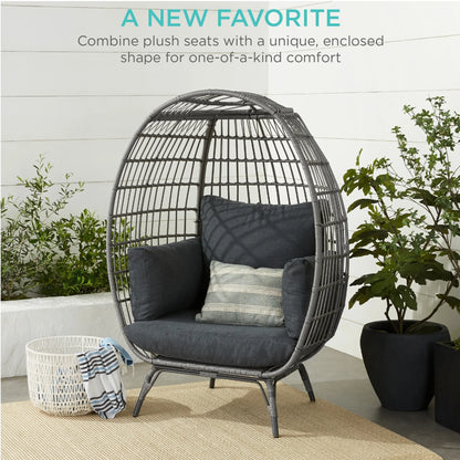 Wicker Egg Chair Oversized Indoor Outdoor Patio Lounger W/ Steel Frame - Gray/Charcoal