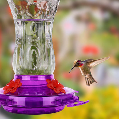 Glass Hummingbird Feeders for Outdoors, Built-In Ant Moat & Leakproof Design,  Hummingbird Feeder with 4 Bee Guard Feeding Ports, 15OZ, Purple, Gifts for Mom Wife Dad, Birthday Gift for Men Women