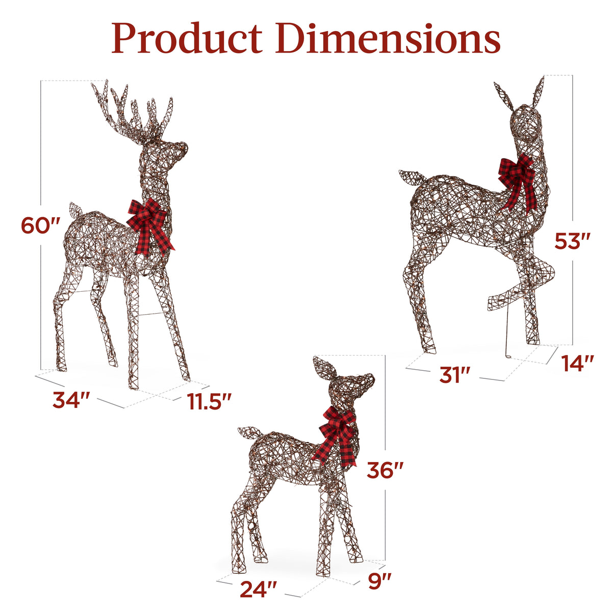 3-Piece Lighted Christmas Deer Set Outdoor Yard Decoration W/ 360 LED Lights, Stakes - Rattan