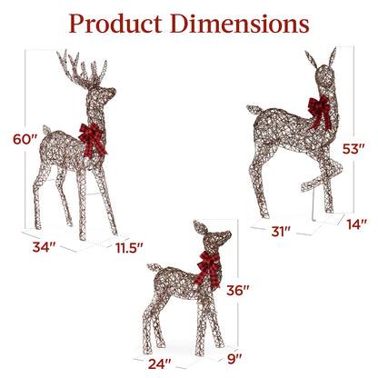 3-Piece Lighted Christmas Deer Set Outdoor Yard Decoration W/ 360 LED Lights, Stakes - Rattan