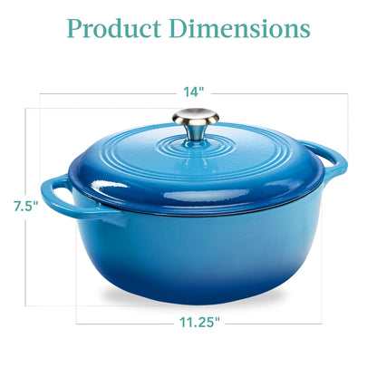 6 Quart Cast-Iron Dutch Oven, Heavy-Duty Kitchenware W/ Enamel, Side Handles - Blue