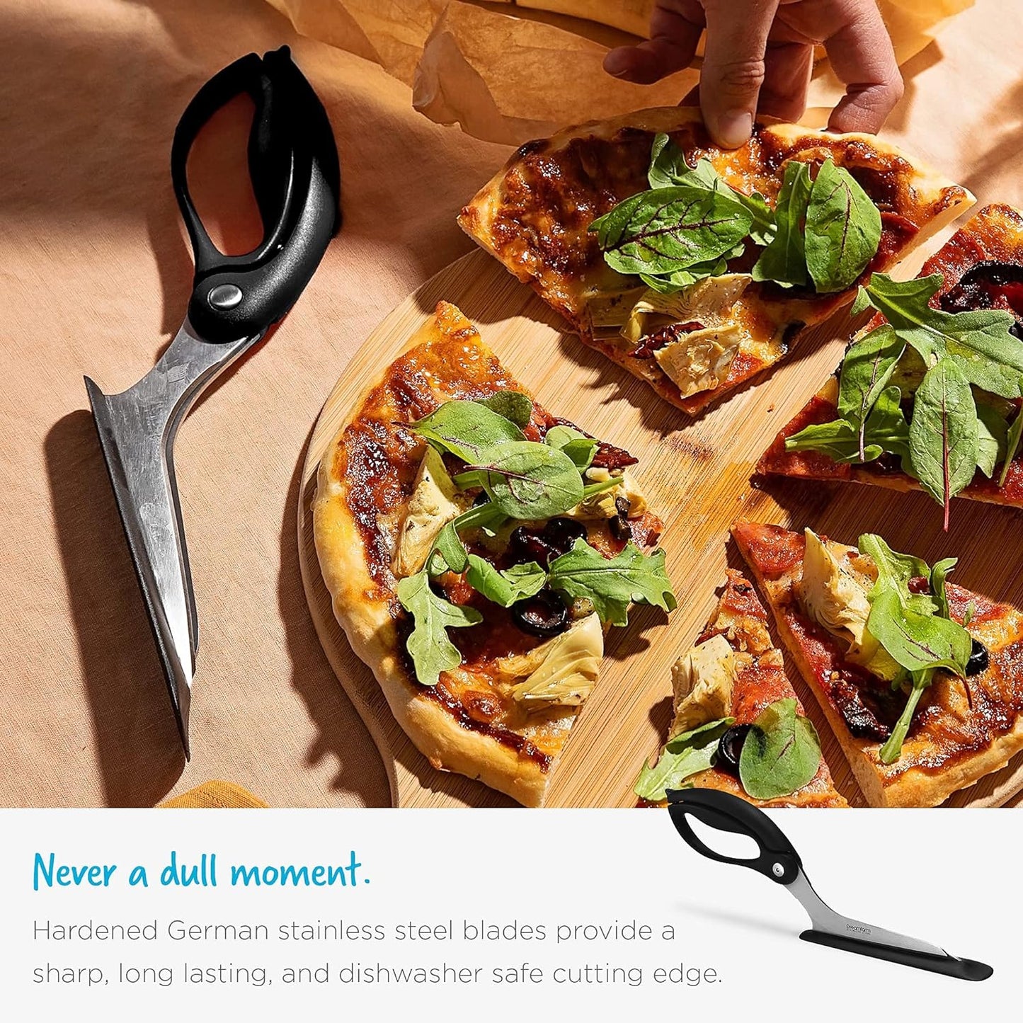 Scizza 2-In-1 Easy Ergonomic Pizza Scissors with Stainless Steel Pizza Cutter Blades & Non-Stick Slice Server - Red | Cuts and Serves Pizza with Non-Scratch, Heat Resistant Serving Base, Spring-Loaded German Stainless Steel Blades