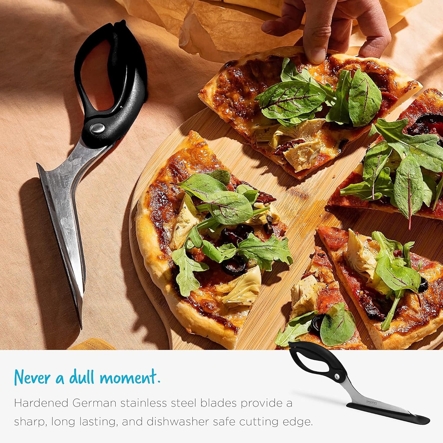 Scizza 2-In-1 Easy Ergonomic Pizza Scissors with Stainless Steel Pizza Cutter Blades & Non-Stick Slice Server - Red | Cuts and Serves Pizza with Non-Scratch, Heat Resistant Serving Base, Spring-Loaded German Stainless Steel Blades