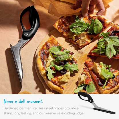 Scizza 2-In-1 Easy Ergonomic Pizza Scissors with Stainless Steel Pizza Cutter Blades & Non-Stick Slice Server - Red | Cuts and Serves Pizza with Non-Scratch, Heat Resistant Serving Base, Spring-Loaded German Stainless Steel Blades