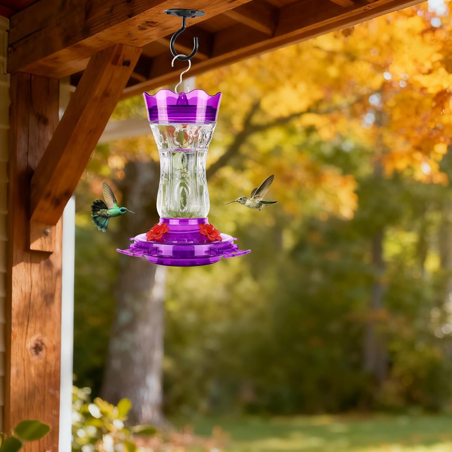 Glass Hummingbird Feeders for Outdoors, Built-In Ant Moat & Leakproof Design,  Hummingbird Feeder with 4 Bee Guard Feeding Ports, 15OZ, Purple, Gifts for Mom Wife Dad, Birthday Gift for Men Women