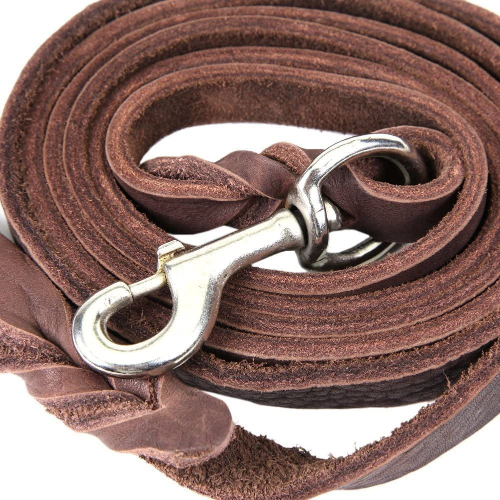 Genuine Leather Braided Brown Dog Leash 4Ft/5Ft/7Ft/8.5Ft Best Lead for Large and Medium Dogs Training Walking Brown/Silver Hook 1/2"*4Ft