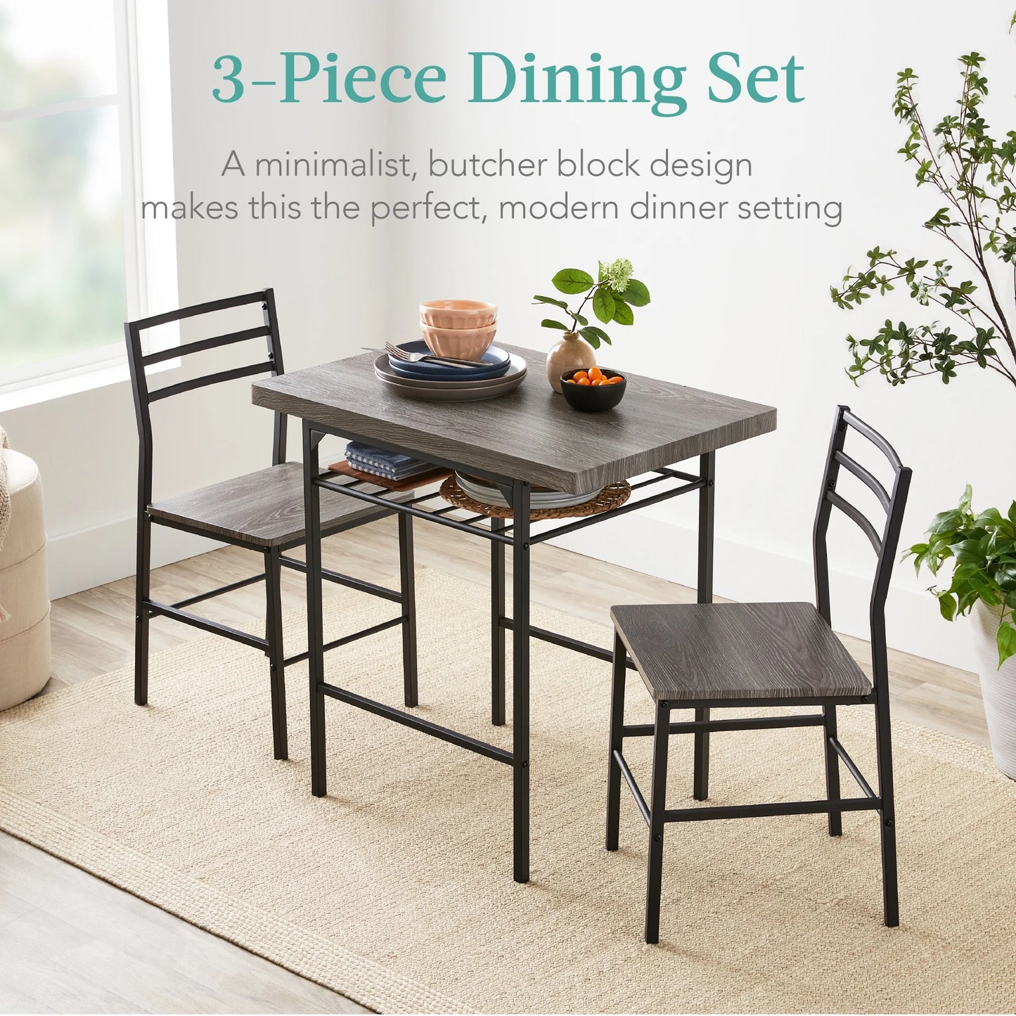 3-Piece Modern Dining Set, Square Table & Chairs Set W/ Steel Frame, Storage Rack - Gray/Black