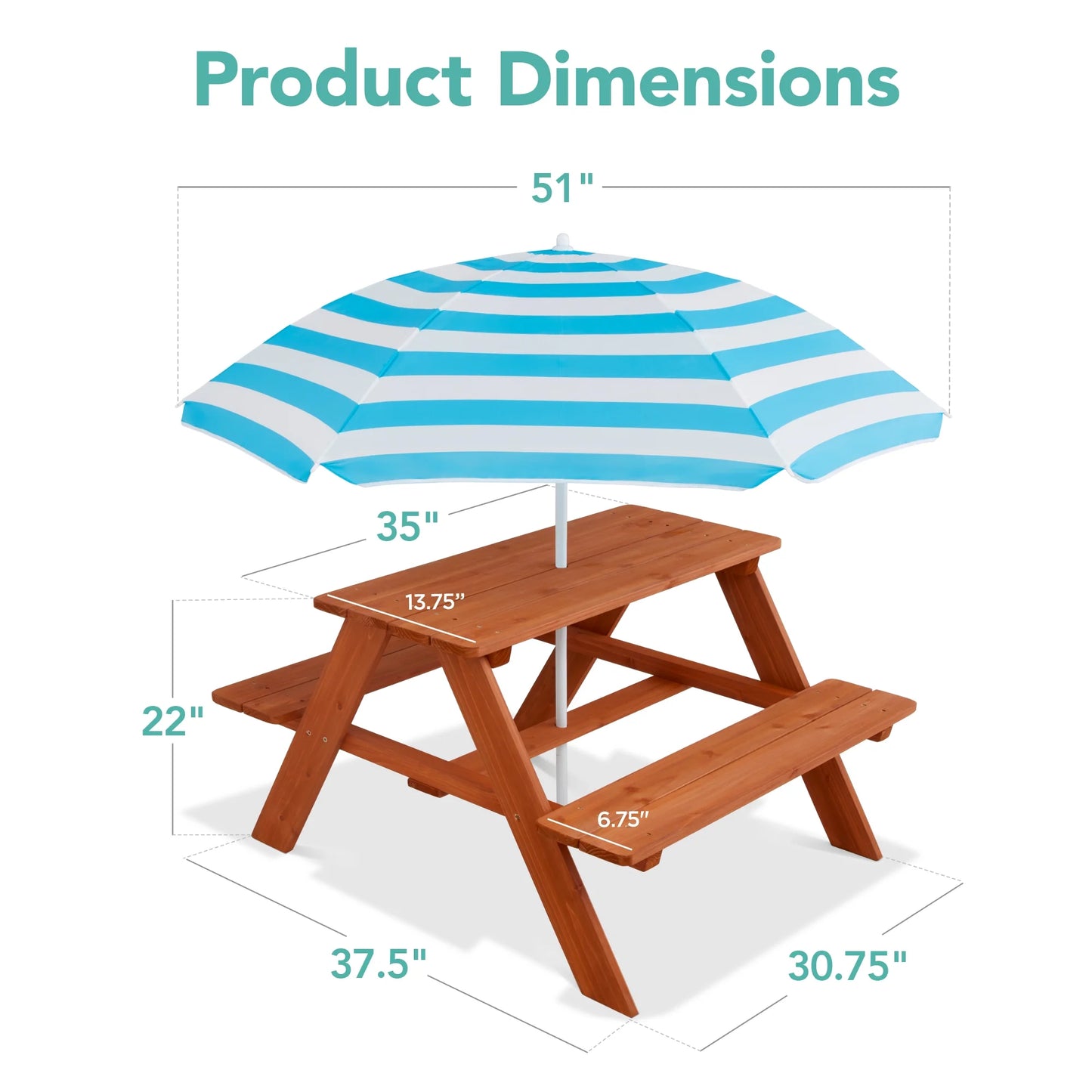 Outdoor Wooden Kids Picnic Table with Umbrella, Activity Table, 220 Lb Capacity - Golden Brown/Aqua