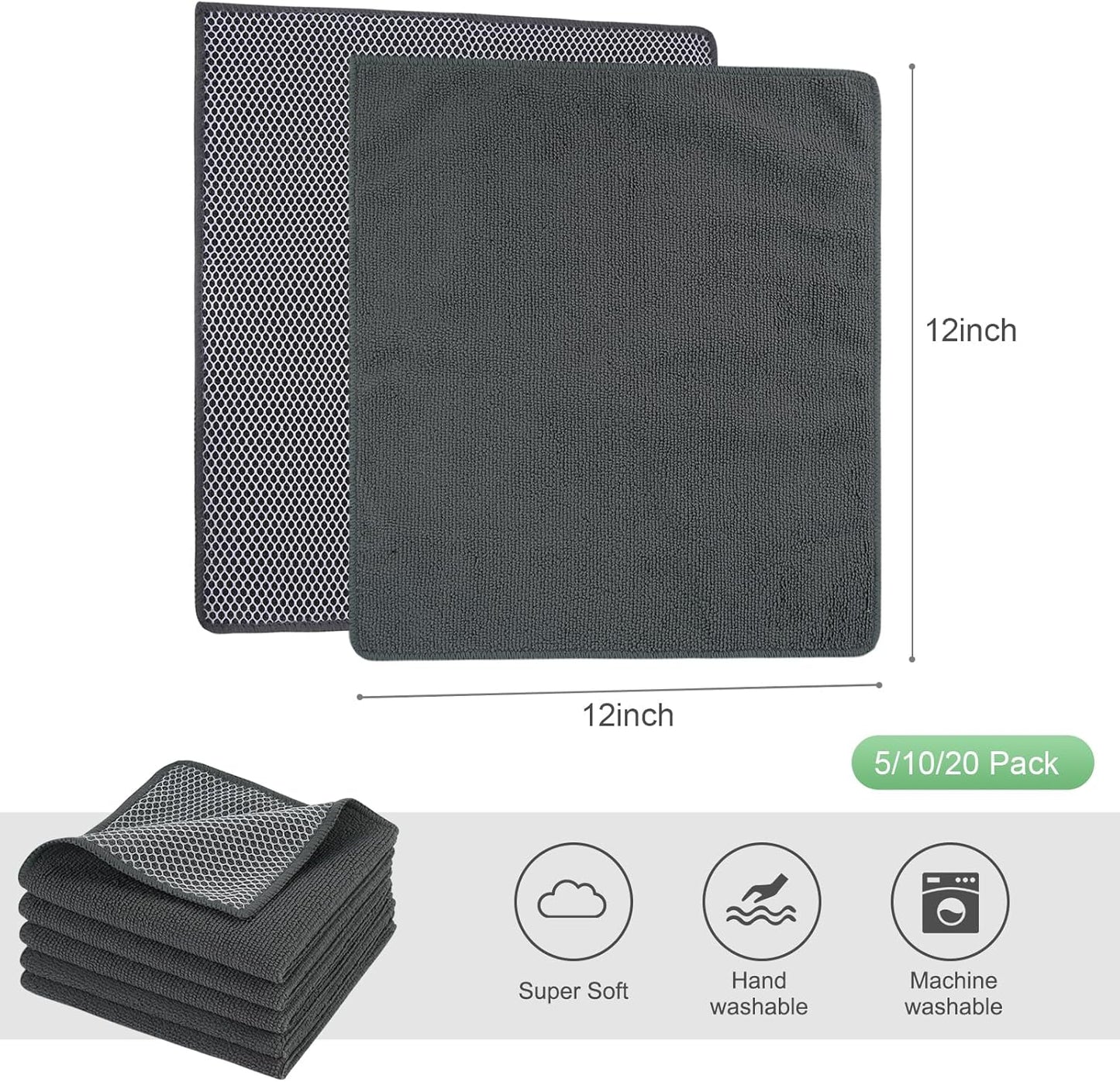 Microfiber Dish Cloths Wash Clothes for Kitchen Best Kitchen Cloths Cleaning Cloth Poly Scour Side 12"X12" (10Pack, Dark Grey)