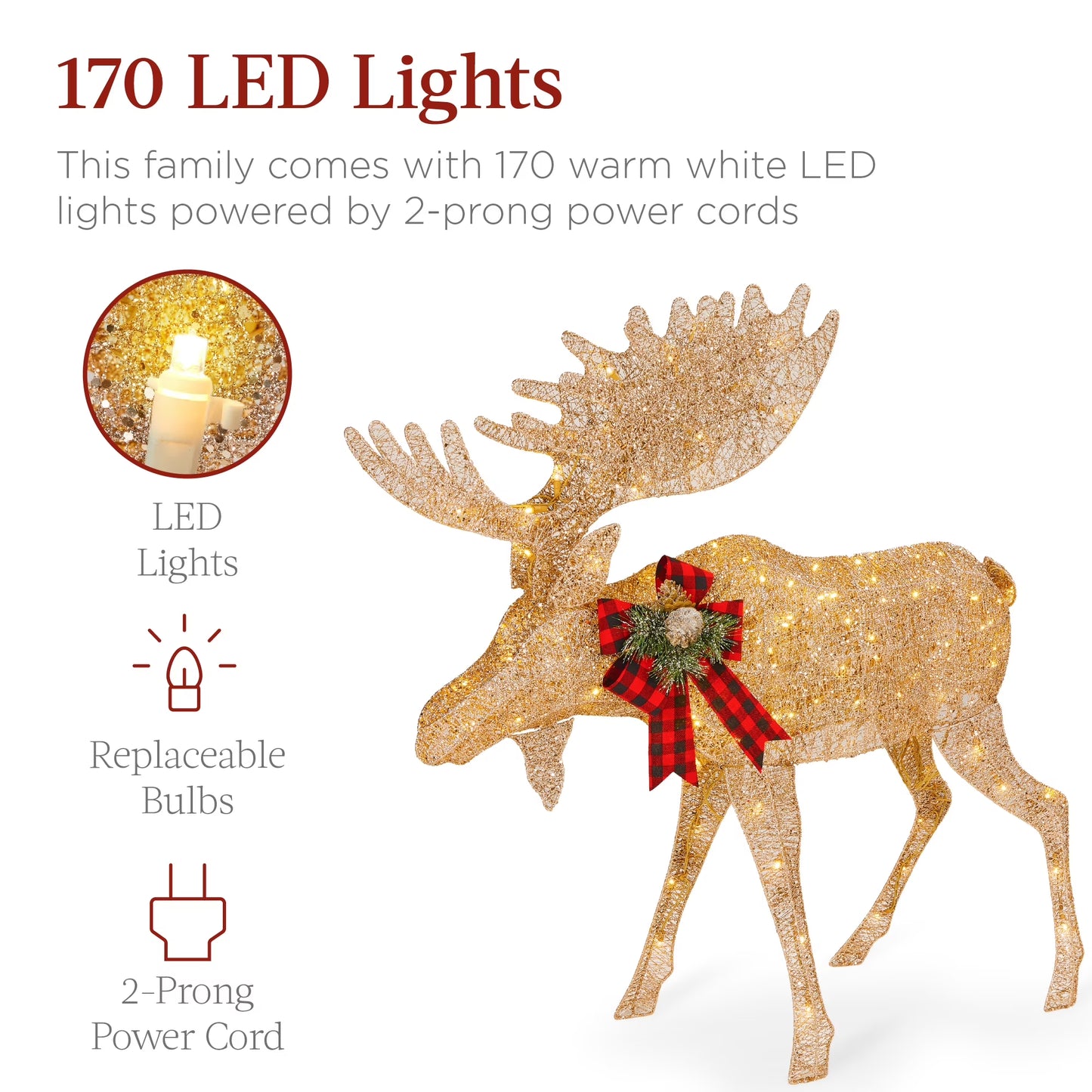 2-Piece Moose Family Lighted Christmas Yard Decor Set W/ 170 LED Lights, Stakes, Zip Ties - Gold