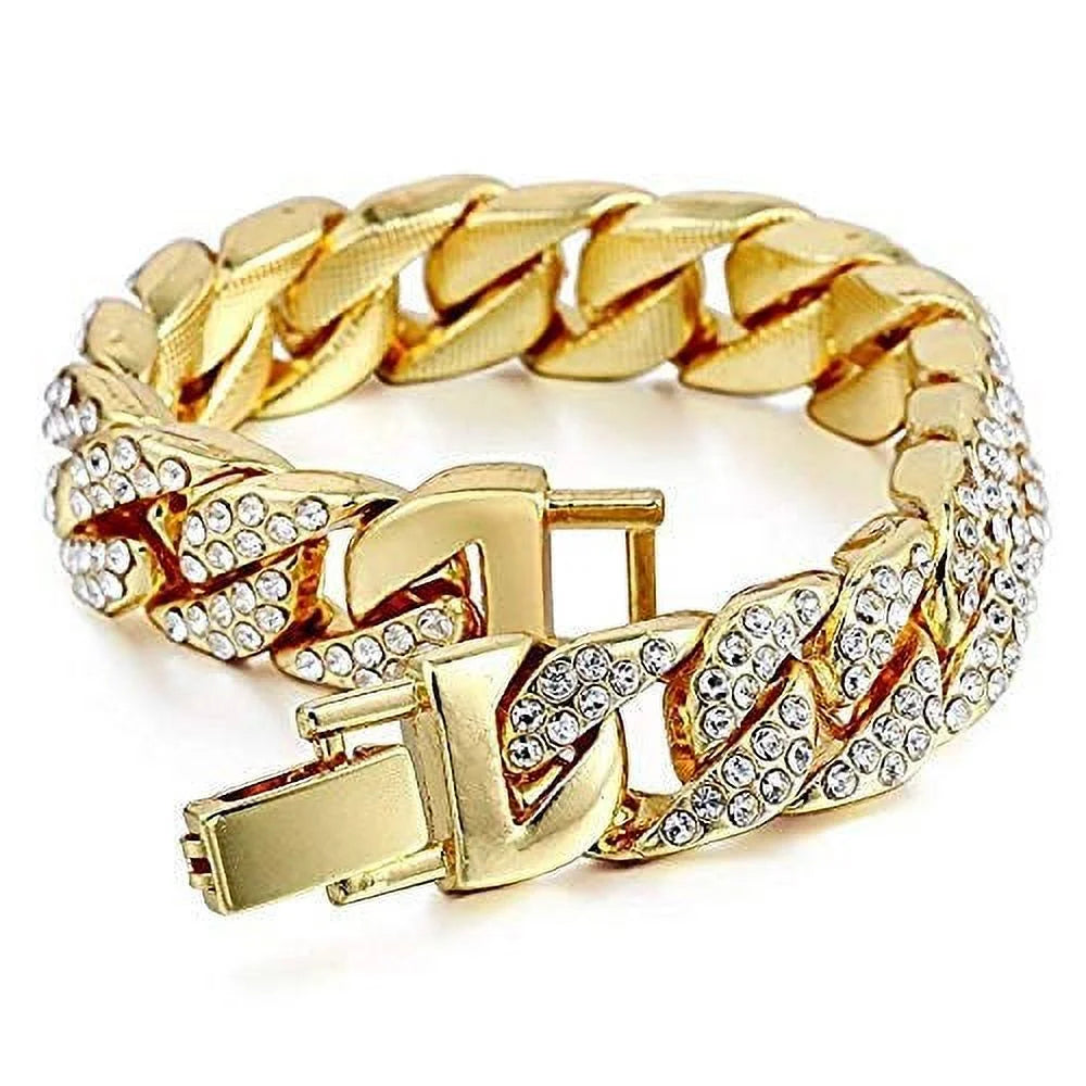 Blinged Out Cuban Necklace W/ Matching Bracelet and Fire Iced Out Timepiece - Boujee 3Pc Set - 2023 CNBW (ST10226 Gld/Gld)