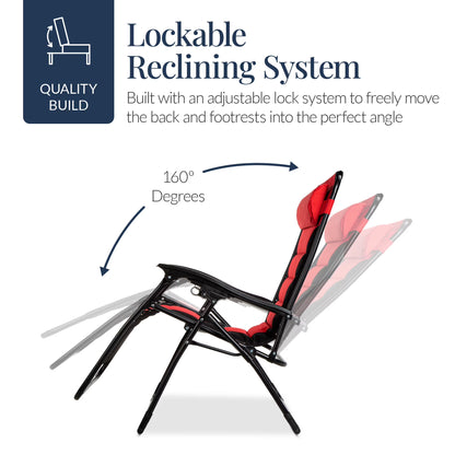Oversized Padded Zero Gravity Chair, Folding Outdoor Patio Recliner W/ Side Tray - Red