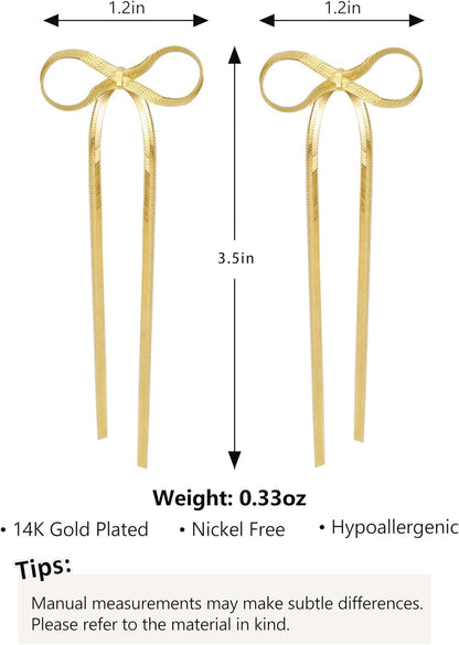 Bow Earrings for Women, 18K Gold Plated Bow Dangle Earrings Dangling Dangly Gold Earrings for Women Trendy for Wedding Prom Aretes Para Mujer Gold Jewelry Gifts for Woman