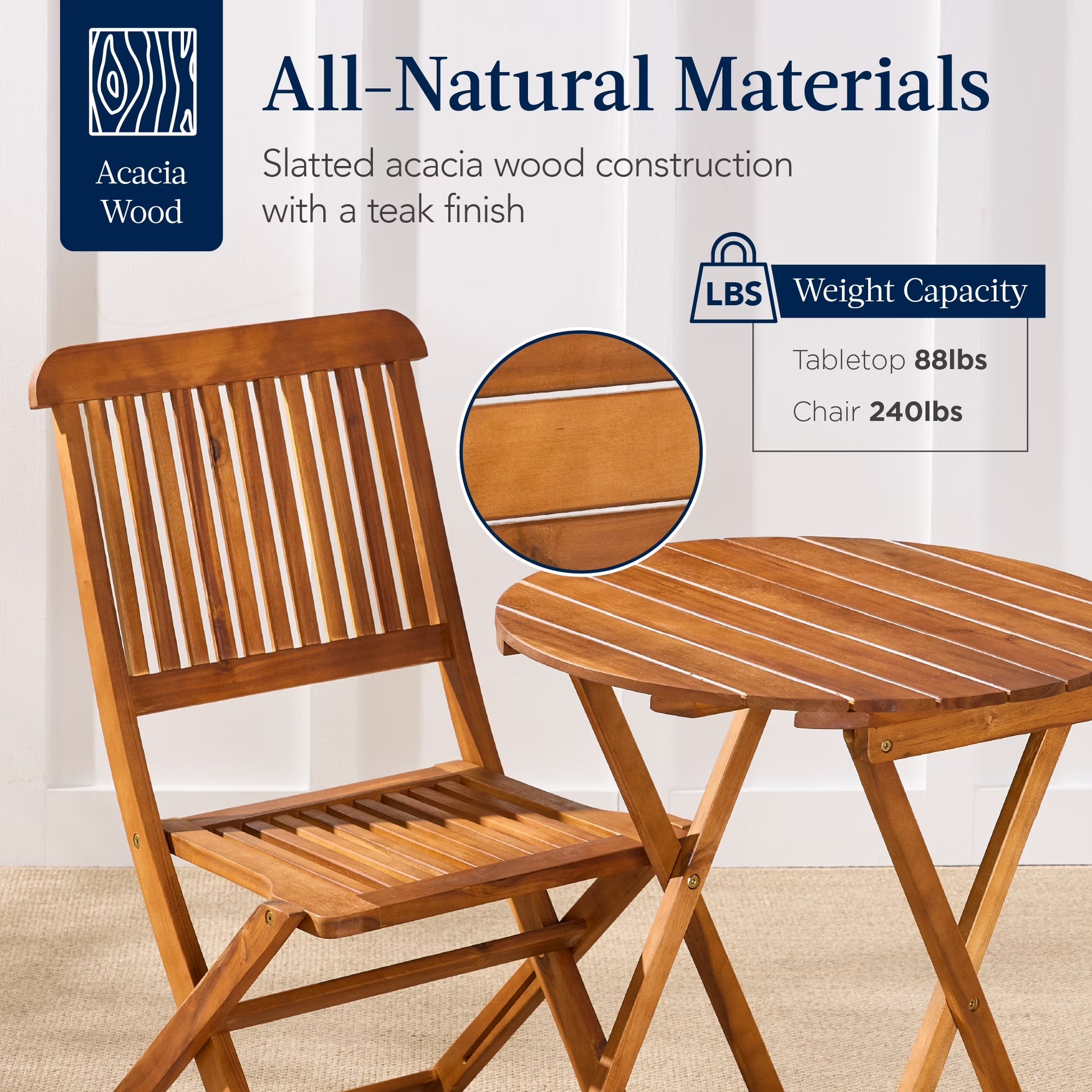 3-Piece Acacia Wood Bistro Set, Folding Patio Furniture W/ 2 Chairs, Table - Natural
