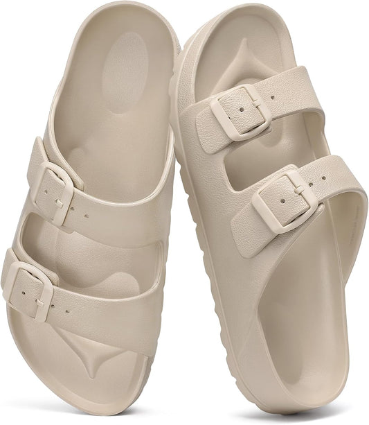 Women'S Comfort Sandals with Medium Arch Support Double Buckle Adjustable EVA Slides for Summer Beach
