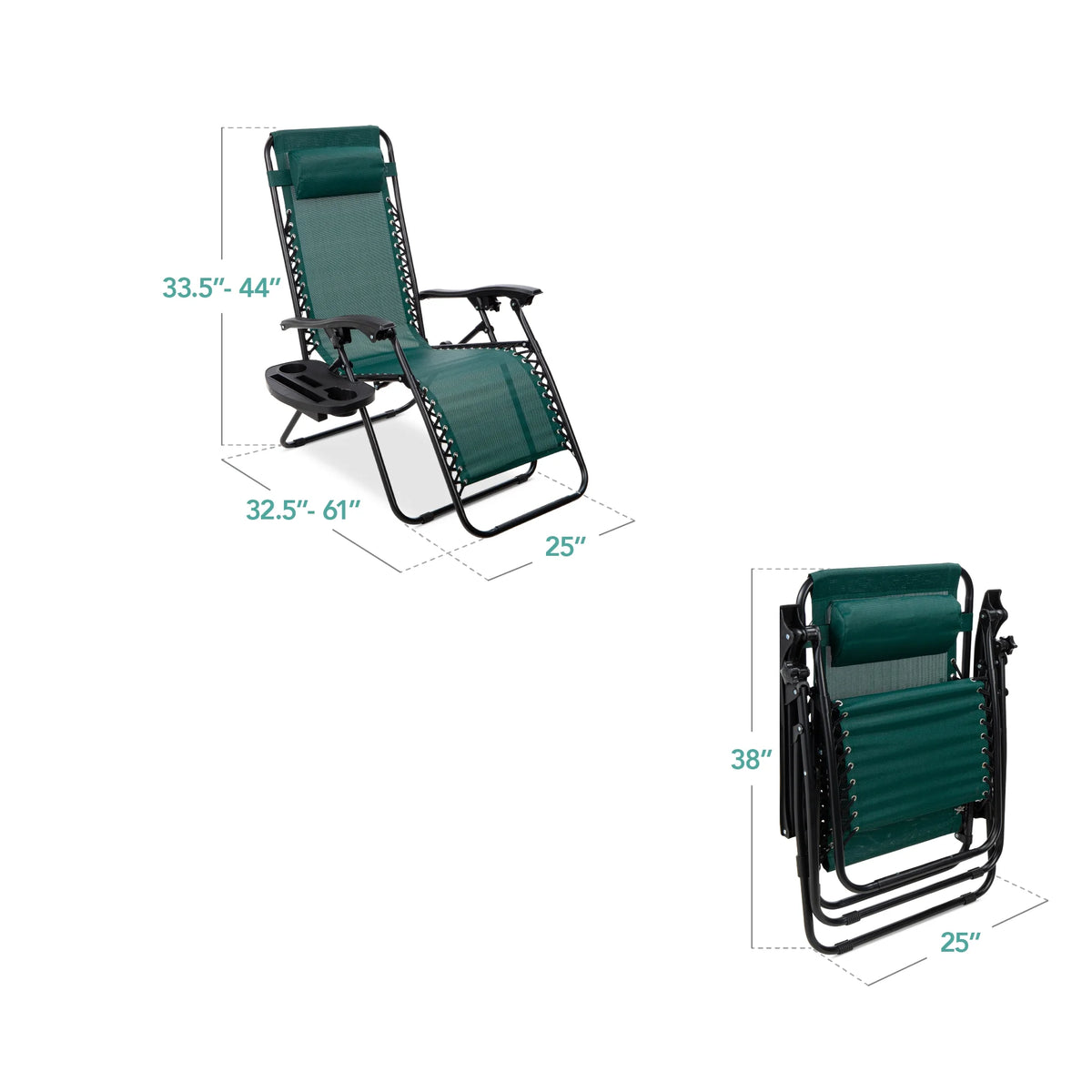 Set of 2 Zero Gravity Lounge Chair Recliners for Patio, Pool W/ Cup Holder Tray - Forest Green