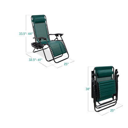 Set of 2 Zero Gravity Lounge Chair Recliners for Patio, Pool W/ Cup Holder Tray - Forest Green