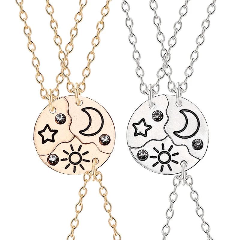 3Pcs Best Friend Zircon Sun Star Moon Pendant Necklace Friendship Choker Chain 2025 Fashion Jewelry Accessories Gift