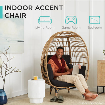 Wicker Egg Chair Oversized Indoor Outdoor Patio Lounger W/ Steel Frame - Gray/Charcoal