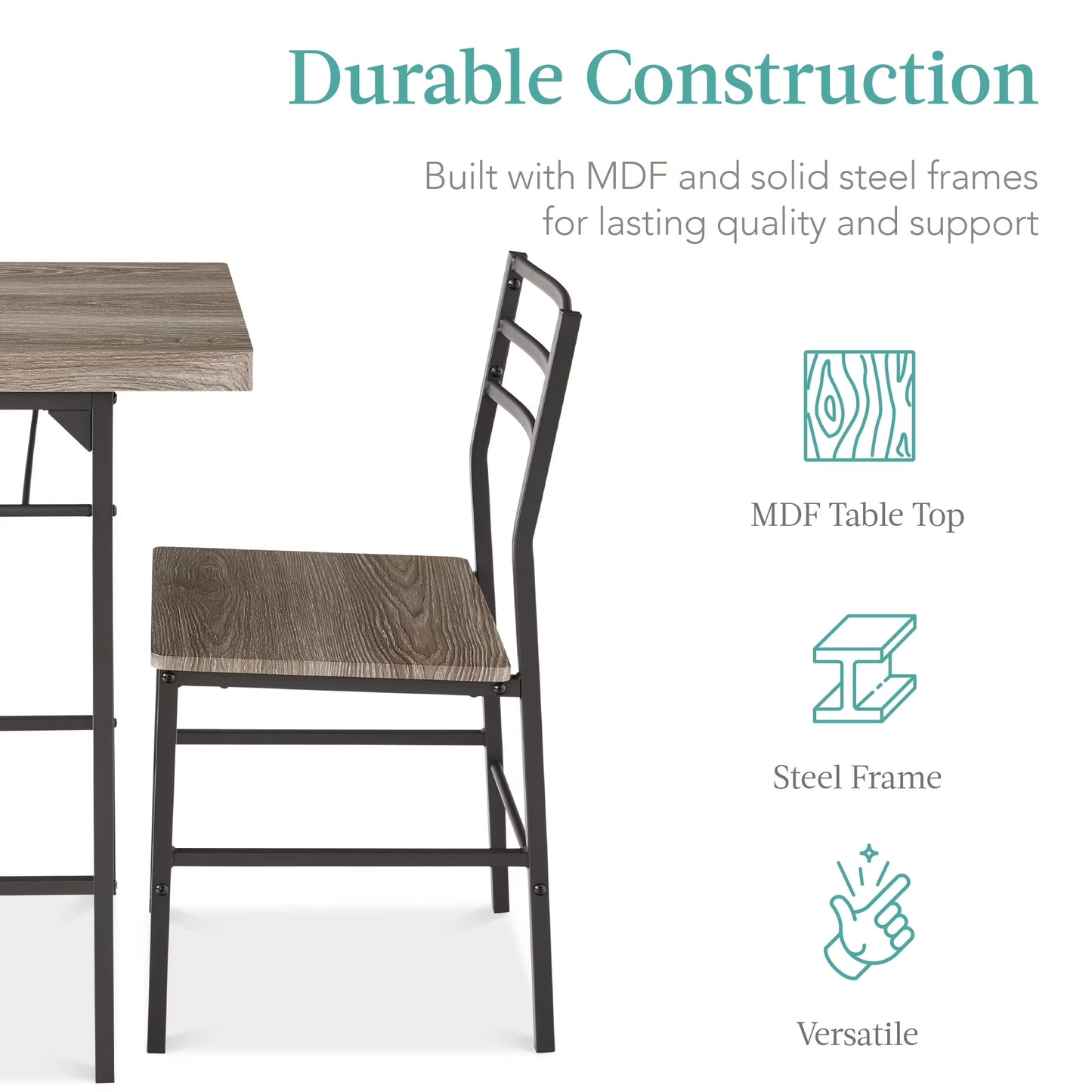 3-Piece Modern Dining Set, Square Table & Chairs Set W/ Steel Frame, Storage Rack - Gray/Black