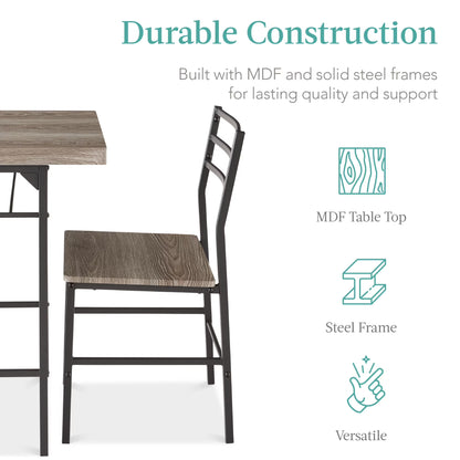 3-Piece Modern Dining Set, Square Table & Chairs Set W/ Steel Frame, Storage Rack - Gray/Black