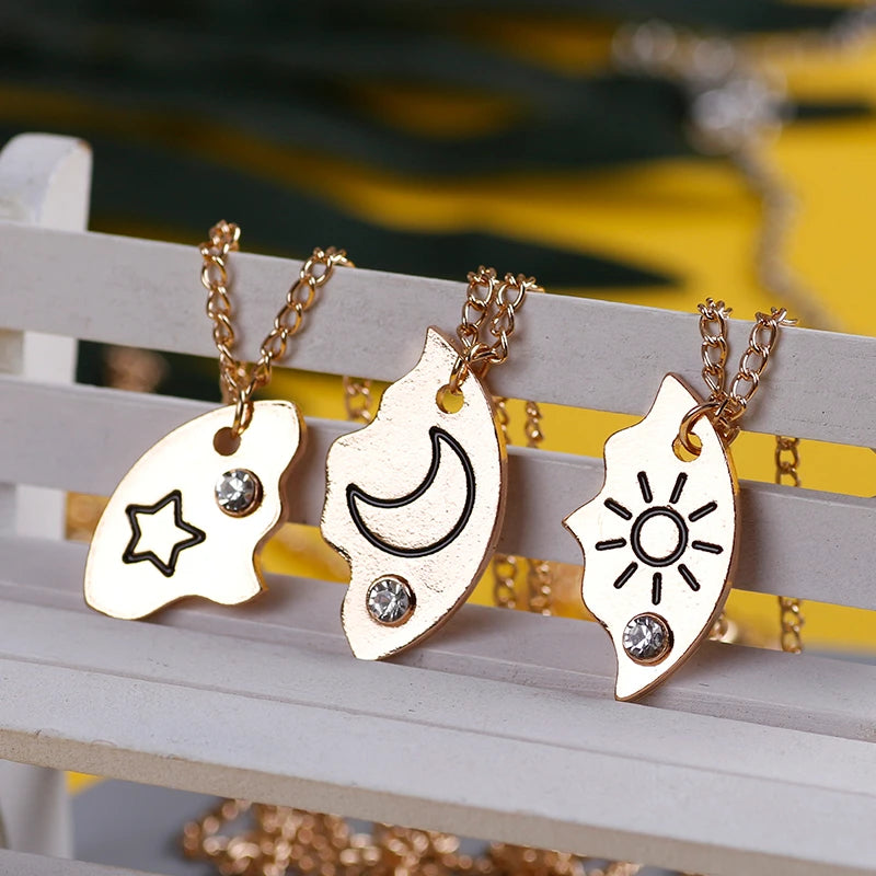 3Pcs Best Friend Zircon Sun Star Moon Pendant Necklace Friendship Choker Chain 2025 Fashion Jewelry Accessories Gift