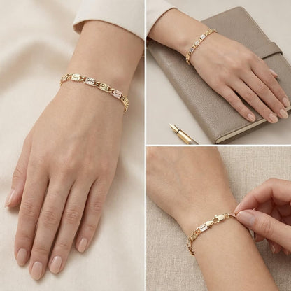 2Pack 14K Gold Tri-Color Mariner Linkbracelet for Women - Polished Floralengraved Three Tone Gold Chain Bracelet,Dainty Jewelry Gift for Her