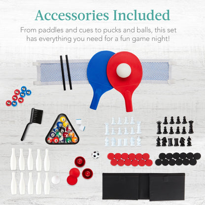 11-In-1 Kids Combo Game Set W/ Ping Pong, Foosball, Air Hockey, 5 Accessory Bags - Light Wood