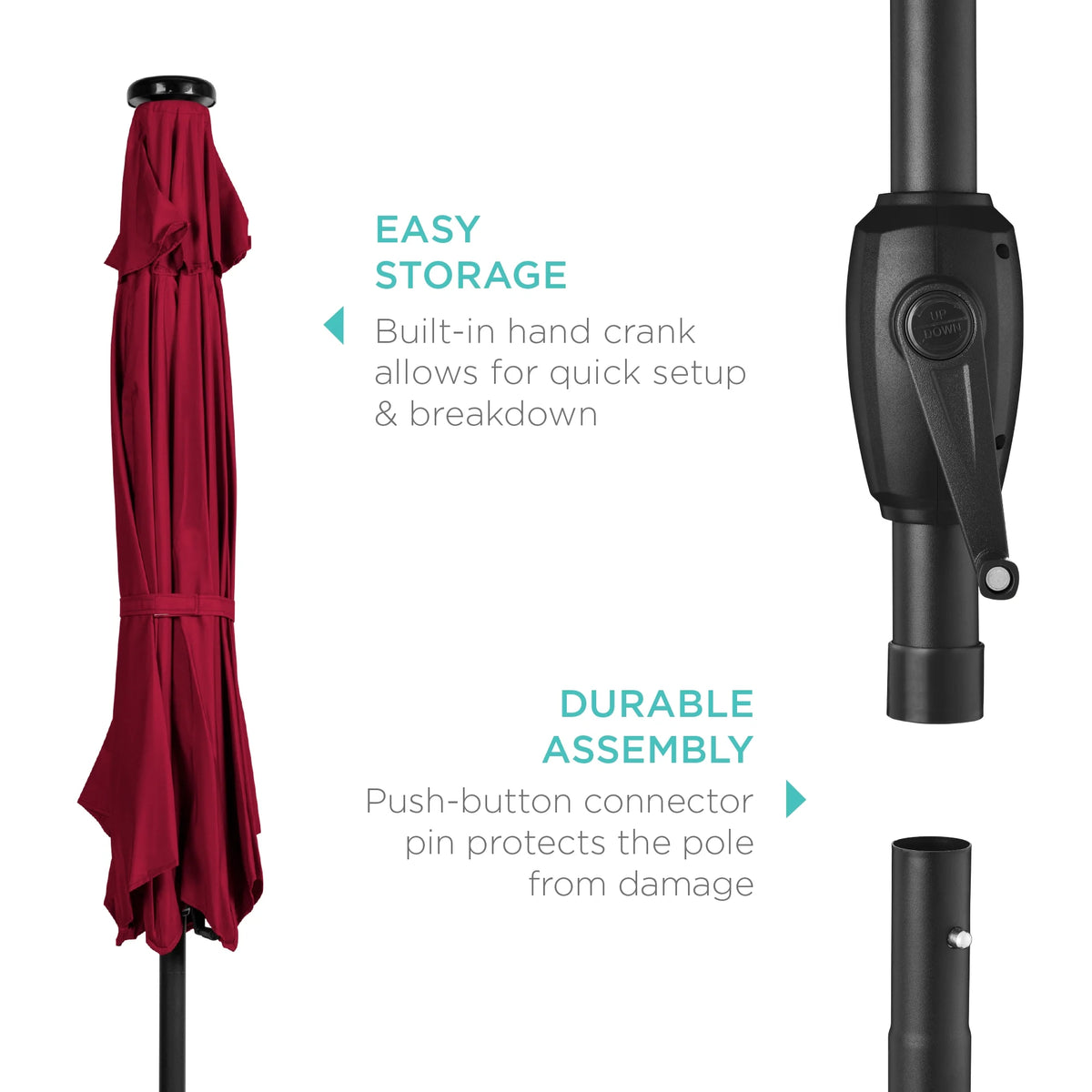 7.5Ft Outdoor Solar Patio Umbrella for Deck, Pool W/ Tilt, Crank, LED Lights - Burgundy