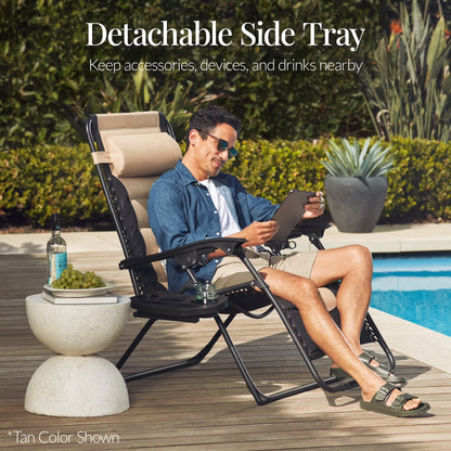 Oversized Padded Zero Gravity Chair, Folding Outdoor Patio Recliner W/ Side Tray - Brown