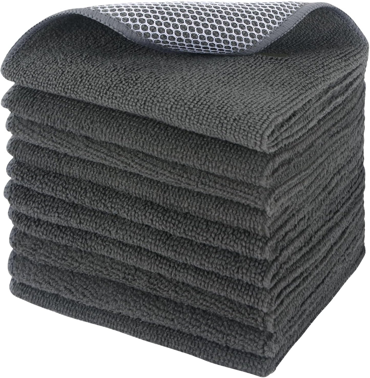 Microfiber Dish Cloths Wash Clothes for Kitchen Best Kitchen Cloths Cleaning Cloth Poly Scour Side 12"X12" (10Pack, Dark Grey)