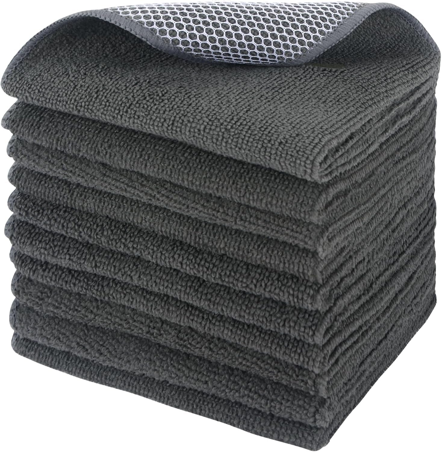 Microfiber Dish Cloths Wash Clothes for Kitchen Best Kitchen Cloths Cleaning Cloth Poly Scour Side 12"X12" (10Pack, Dark Grey)