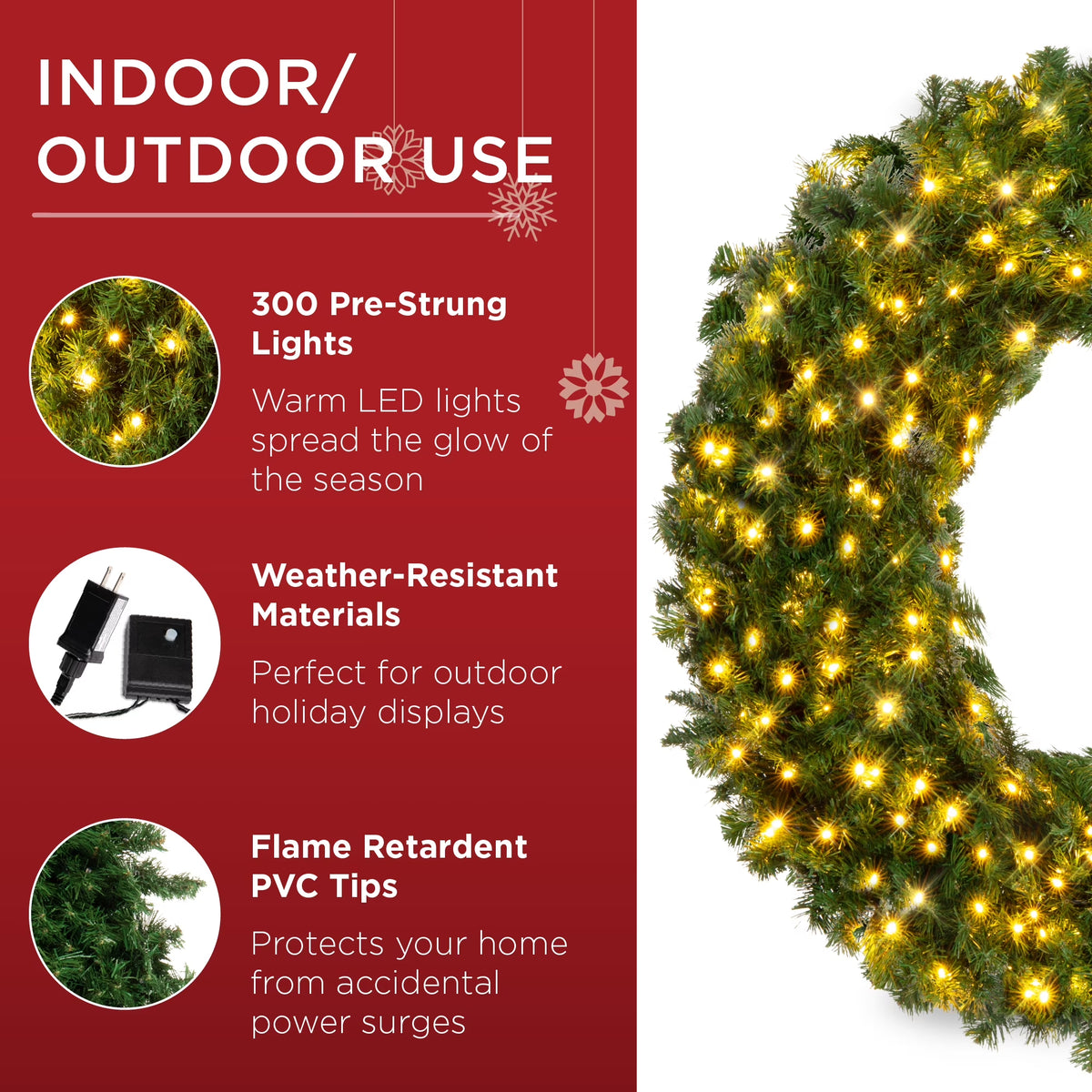 60In Artificial Pre-Lit Fir Christmas Wreath Decoration W/ 375 LED Lights, 930 Tips, Power Plug-In