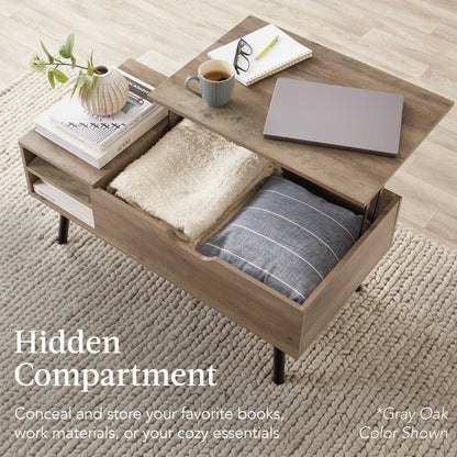 Wooden Mid-Century Modern Lift Top Coffee Table W/ Hidden Storage, Removable Shelf - Brown