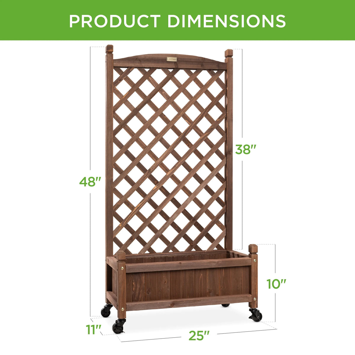 Set of 2 48In Wood Planter Box & Diamond Lattice Trellis, W/ Drainage, Optional Wheels - Walnut
