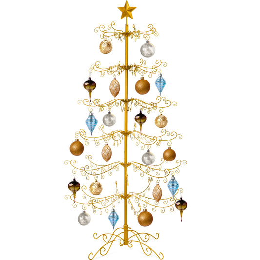 6Ft Wrought Iron Ornament Display Christmas Tree W/ Easy Assembly, Stand - Gold
