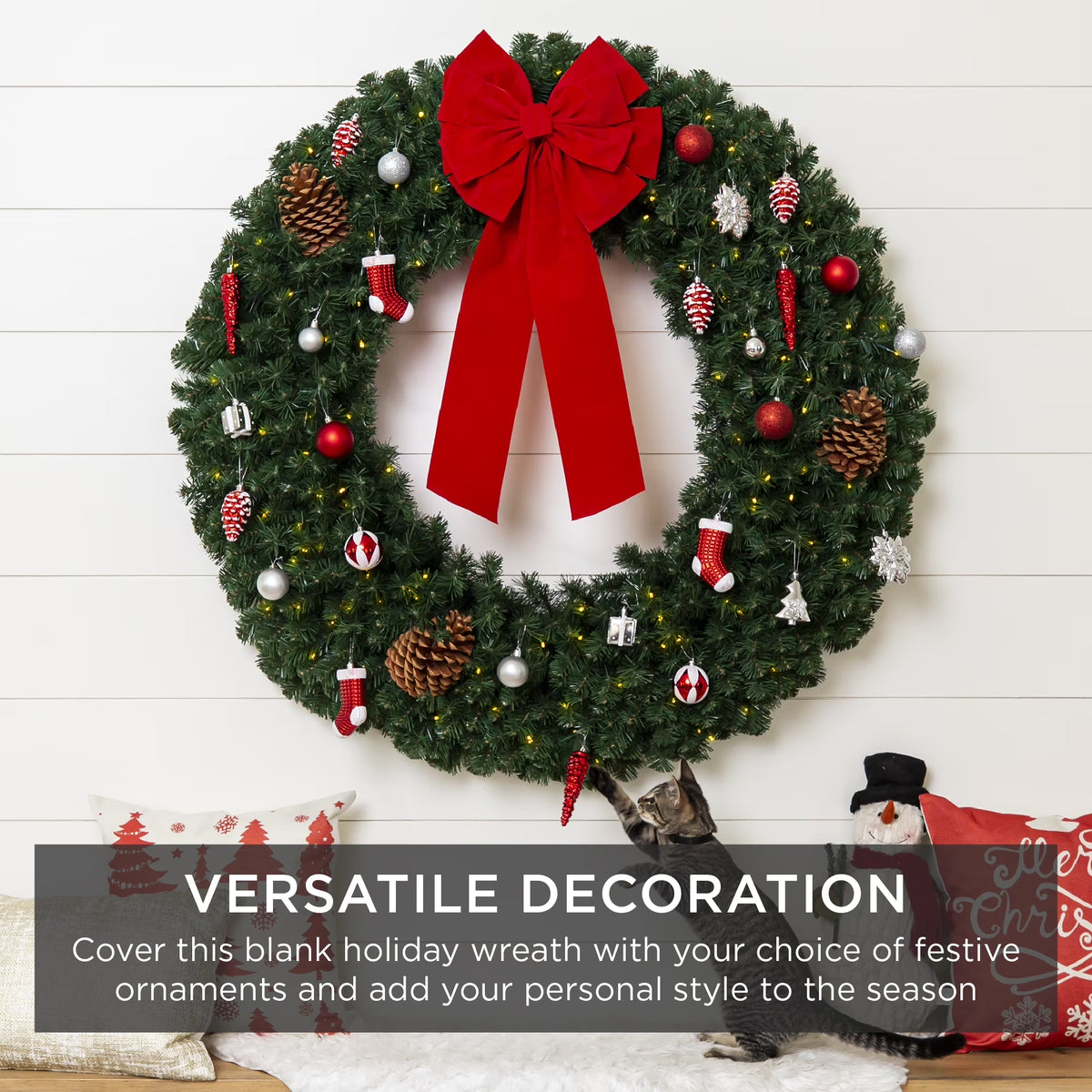 60In Artificial Pre-Lit Fir Christmas Wreath Decoration W/ 375 LED Lights, 930 Tips, Power Plug-In