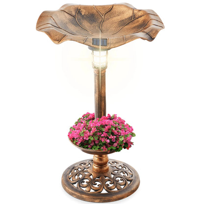 Solar Lighted Pedestal Bird Bath W/ Planter, Integrated Panel - Bronze