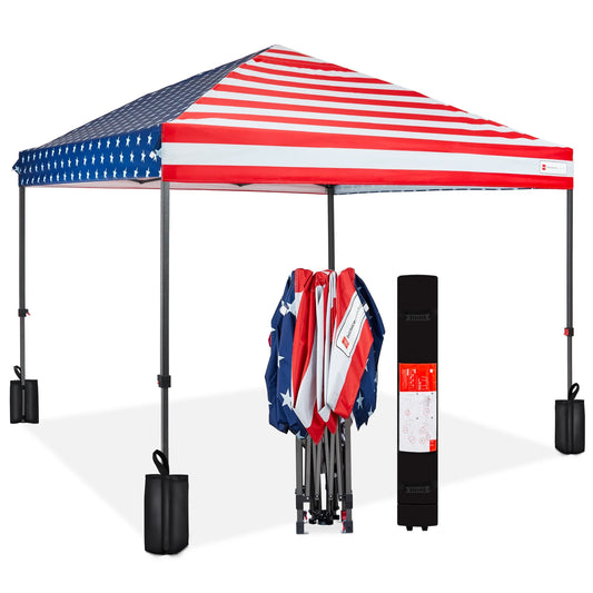 10X10Ft Easy Setup Pop up Canopy W/ 1-Button Setup, Wheeled Case, 4 Weight Bags - American Flag