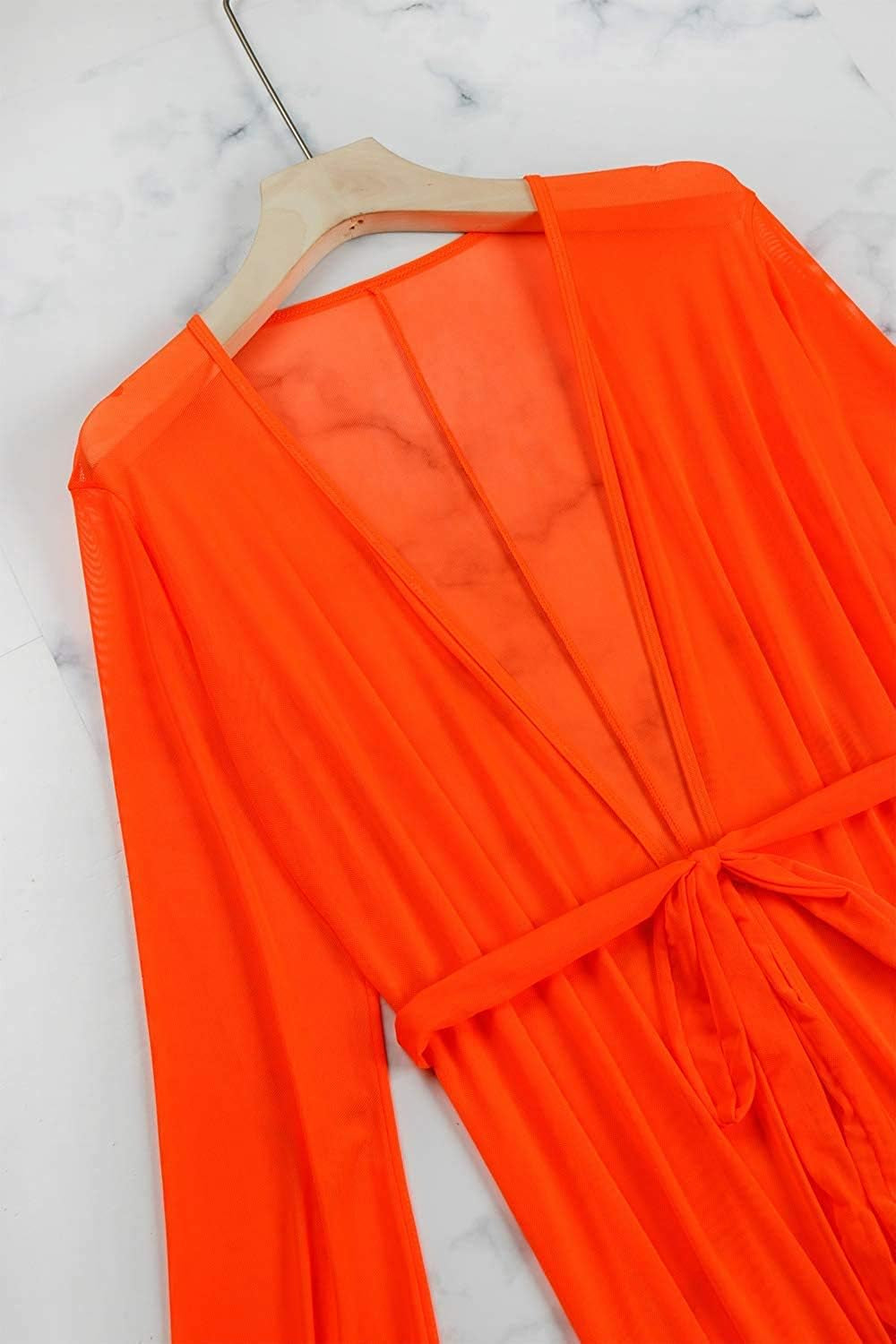 Women'S Long Sleeve Mesh Maxi Swimsuit Bathing Suit Tie Front Robe Cover up Blouse Orange L