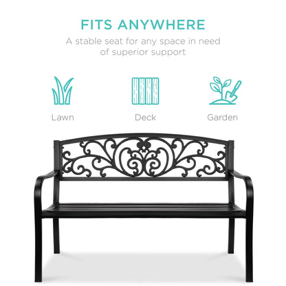 Outdoor Steel Bench Garden Patio Porch Furniture W/ Floral Design Backrest - Black